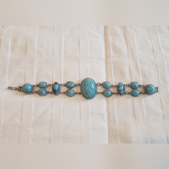 Vintage Blue Turquoise Silver Oval Bracelet - Picture 7 of 11